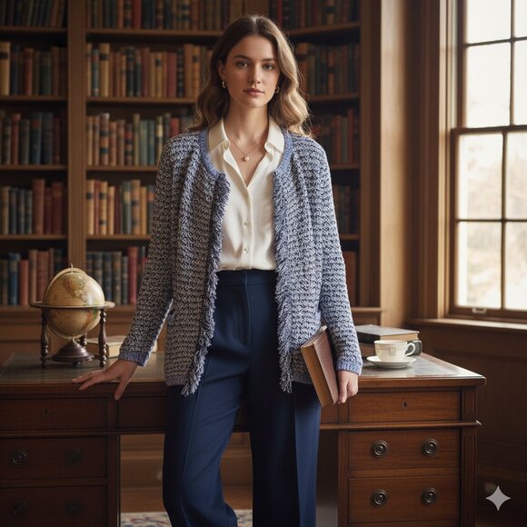 Tommy Hilfiger Women's Size Small Blue White Knit Fringe Open Preppy Cardigan - Picture 1 of 13